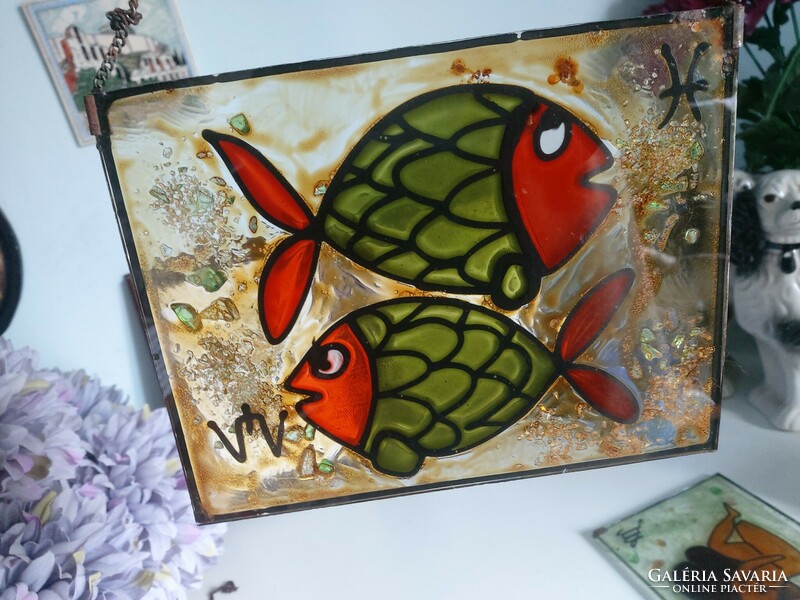 Unique, glass image of fish, fish horoscope 21 x 16 cm ﻿