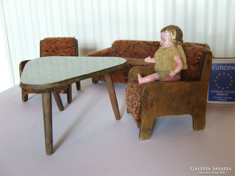 Régi, retró fa bababútor, játék baba bútor garnitúra-babaház méretű