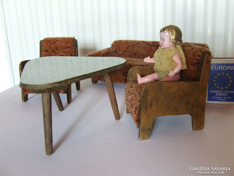 Old retro wooden doll furniture, toy doll furniture set in dollhouse size