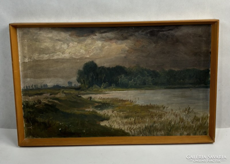 Unknown painter - before a storm on the river bank - with 5 cm damage