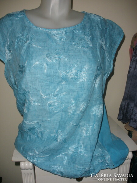 Turquoise linen embroidered top large size