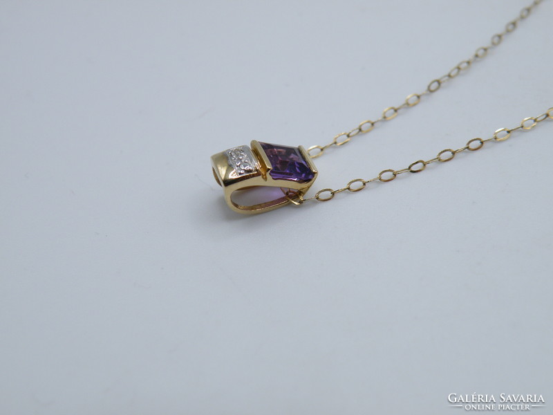 Uk0309 9K Yellow Gold Necklace Purple Stone Pendant