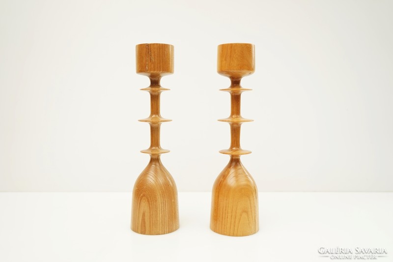 Mid century wooden candle holder / pair of retro turned candle holders / Scandinavian style