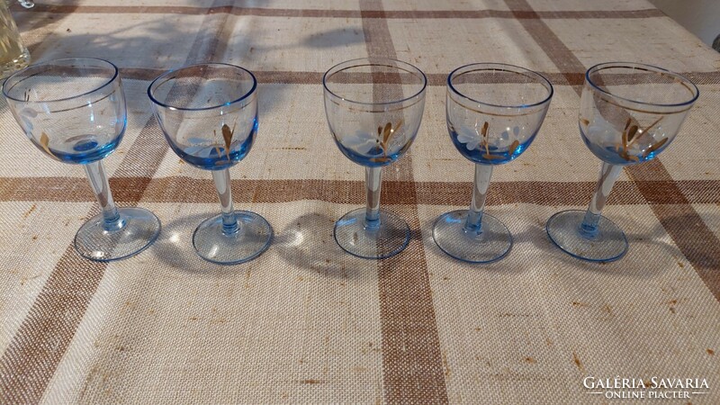 Set of 5 painted glass short drinks with bases for sale.
