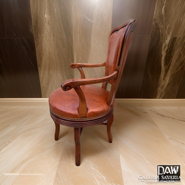 Exclusive beech-frame swivel stool armchair with cognac-colored high-quality artificial leather