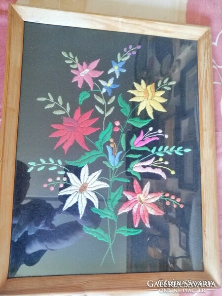 Beautiful embroidered mural (1) beautifully framed, embroidery under glass demanding work size 36x46 cm