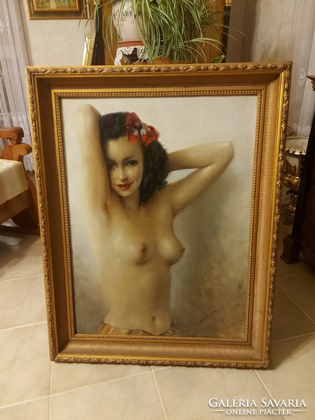 Antique female half-naked painting by Attila Demjén!