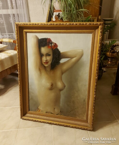 Antique female half-naked painting by Attila Demjén!