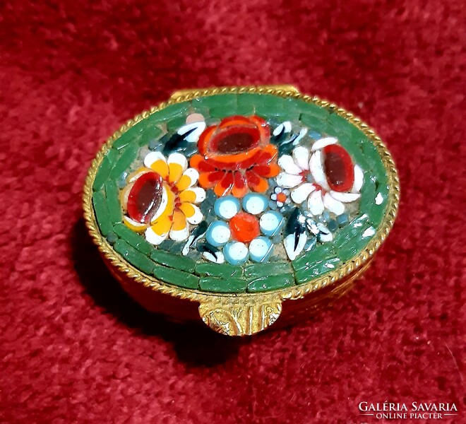 Vintage Italian Floral Micro Mosaic Gold Tone Hinged Oval Pill Box