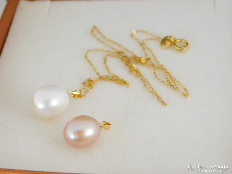 2 pearls 18k gold pendant + gift silver necklace with large 10-11 mm pearls