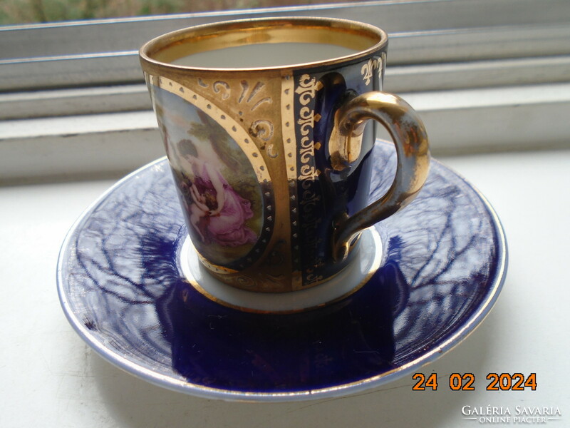 Altwien cobalt-gold mocha cup with coaster, mythological scene