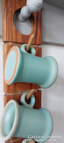 Vitntage turquoise-gold ceramic drinking glass, hanging on a wooden wall holder brandy set - marked