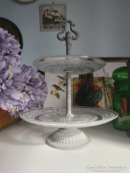 Beautifully shiny, flawless, rustic, metal and glass 2-tier serving tray with handles, table centerpiece