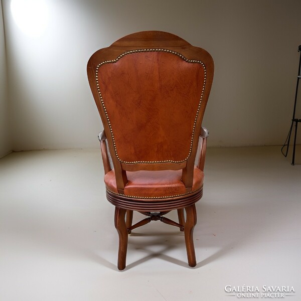 Exclusive beech-frame swivel stool armchair with cognac-colored high-quality artificial leather