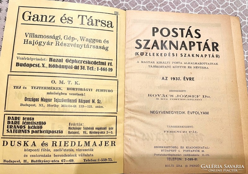 Dr. Kovács József: Postás szaknaptár 1937. I-II. kötet - antikvár könyv