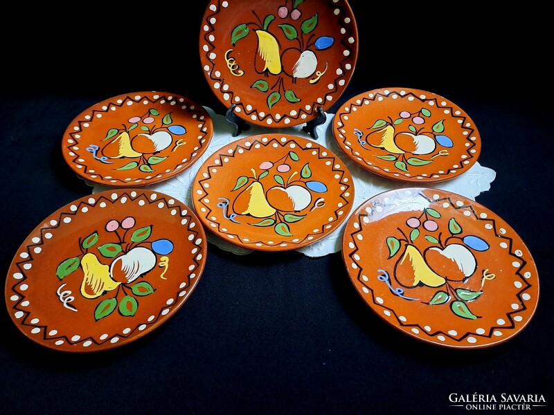 6 Hódmezővásárhely ceramic breakfast plates with fruit pattern