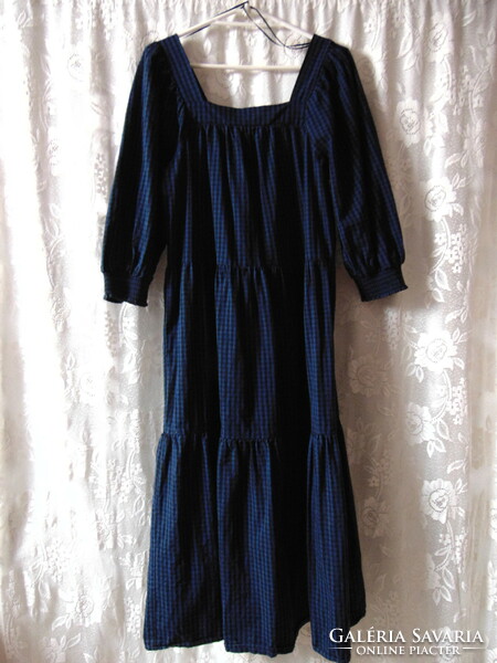 Black and blue checked long women's cotton dress