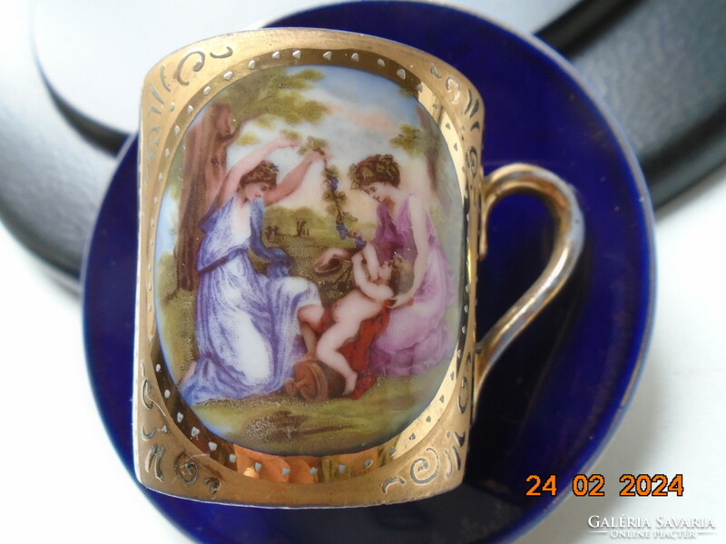 Altwien cobalt-gold mocha cup with coaster, mythological scene