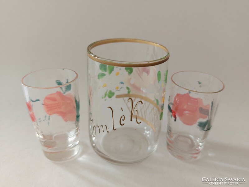 3 old painted rose-patterned glass cups with souvenir inscriptions