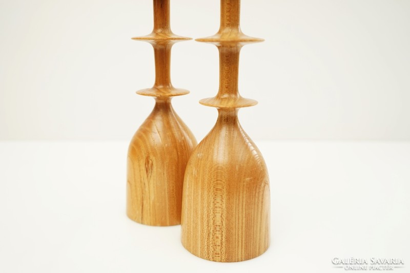 Mid century wooden candle holder / pair of retro turned candle holders / Scandinavian style