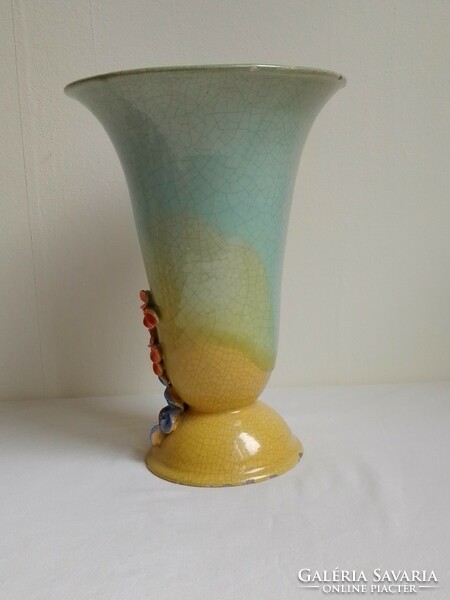 Rare! Antique art deco cracked celadon glazed galaskó gyula ceramic earthenware vase flower ornament 27 cm