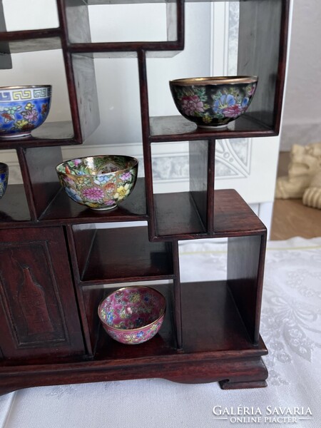 Rare Chinese sake small cabinet with 7 egg porcelain cups, they are beautiful.
