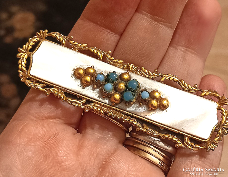 Beautiful gilded copper frame with mother-of-pearl and turquoise stone inlaid pendant, brooch