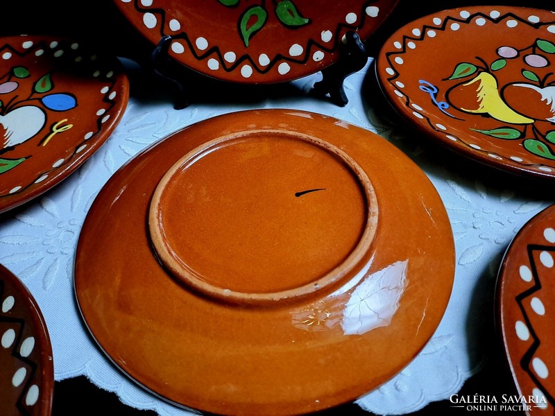 6 Hódmezővásárhely ceramic breakfast plates with fruit pattern