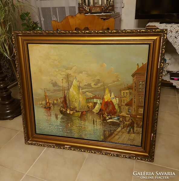Antique opulent painting seaport with sailboats!