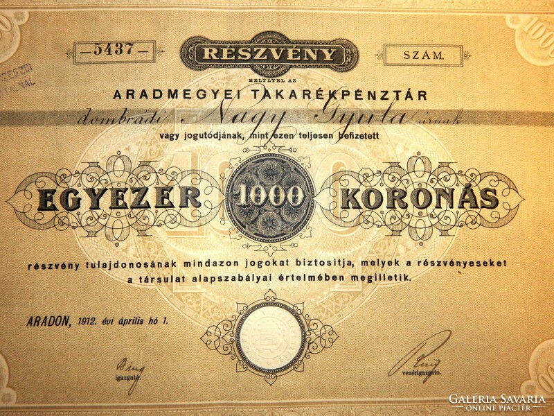 Részvény Erdély Arad 1912 szép állapotban szelvényekkel