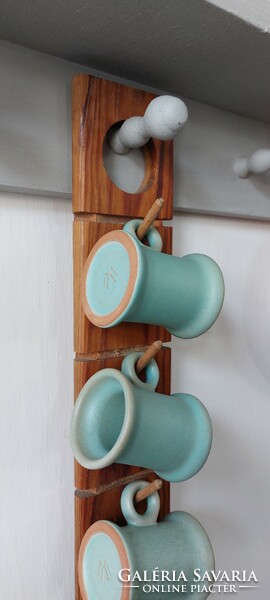 Vitntage turquoise-gold ceramic drinking glass, hanging on a wooden wall holder brandy set - marked