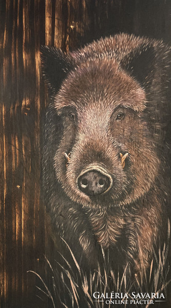 Boar portrait - painting on burnt wood - 50*24 cm