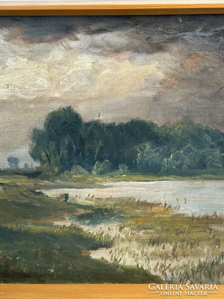 Ismeretlen festő - Vihar előtt a folyóparton - 5 cm sérüléssel