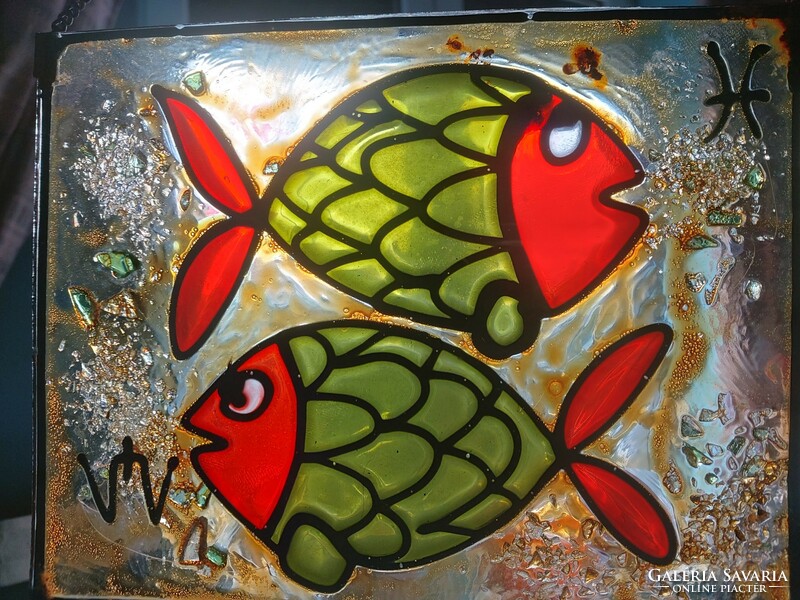 Egyedi, halakat ábrázoló üveg kép Halak horoszkóp 21 x 16 cm  ﻿