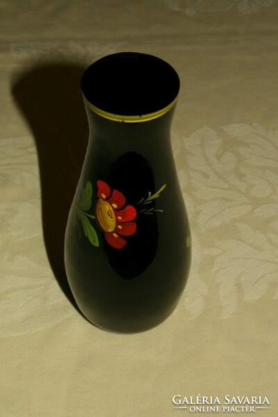 Üveg váza retro sötét lilás árnyalatú színes kézzel festett 14x6 cm