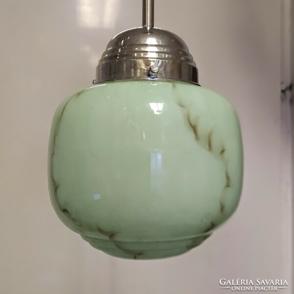 Art deco - streamlined nickel-plated ceiling lamp renovated - marbled green shade