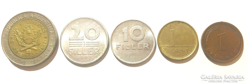 5 db fém pénz érme 10 20 fillér 1 forint argentin 1 peso 200 éves évfordulós 1813 -2013. 1 pfennig