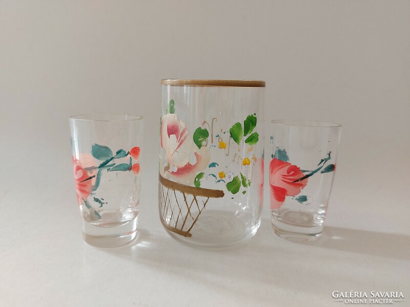 3 old painted rose-patterned glass cups with souvenir inscriptions