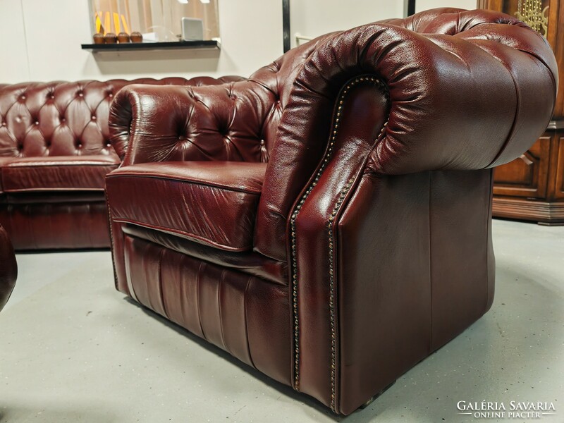 Original, antique burgundy chesterfield leather sofa set 3-2-1