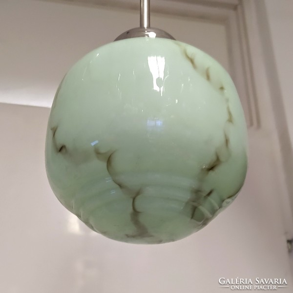 Art deco - streamlined nickel-plated ceiling lamp renovated - marbled green shade