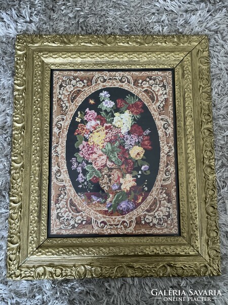 Beautiful wide wooden frame, large needle tapestries inside.