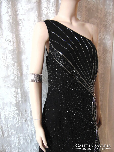 Beaded half-shoulder black prom dress