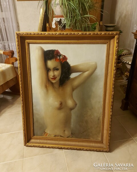 Antique female half-naked painting by Attila Demjén!