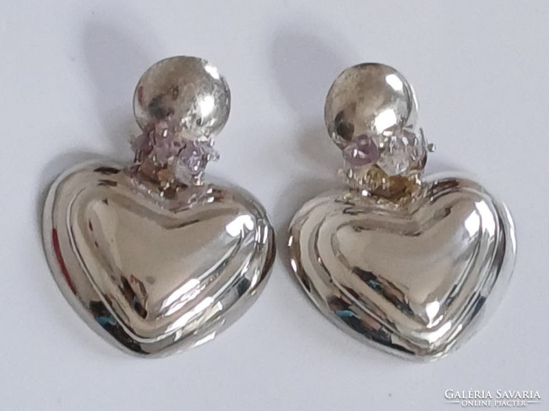 Huge silver heart earrings crystal amethyst vintage