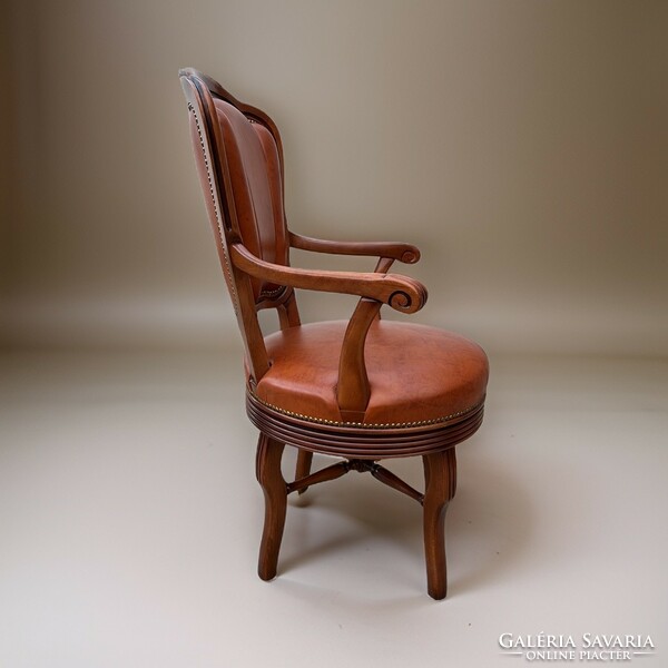 Exclusive beech-frame swivel stool armchair with cognac-colored high-quality artificial leather