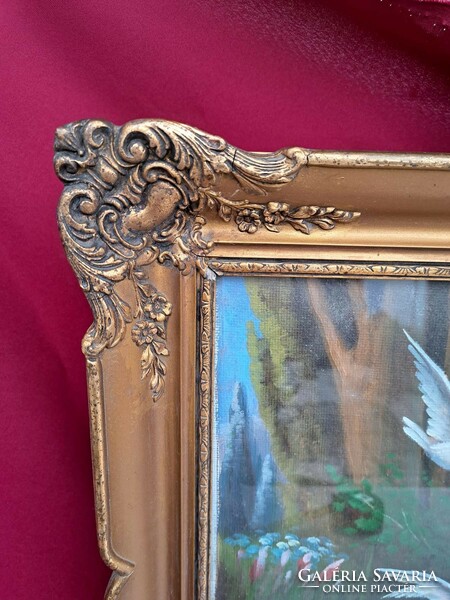 Beautiful signed Virgin Mary with baby Jesus painting in blonde frame holy image