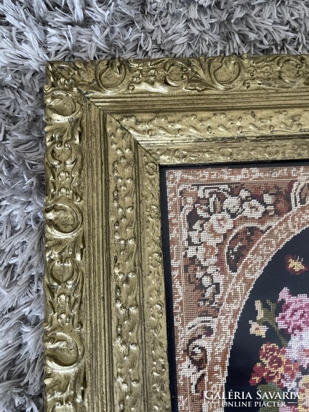 Beautiful wide wooden frame, large needle tapestries inside.