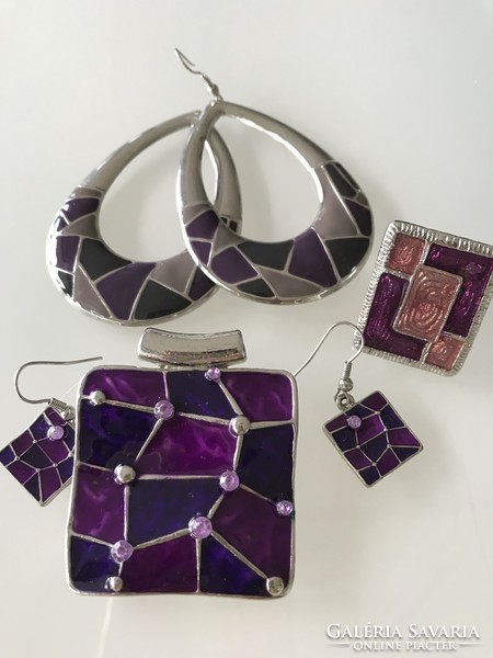Fire enamel jewelry set with purple shades, 6 pcs