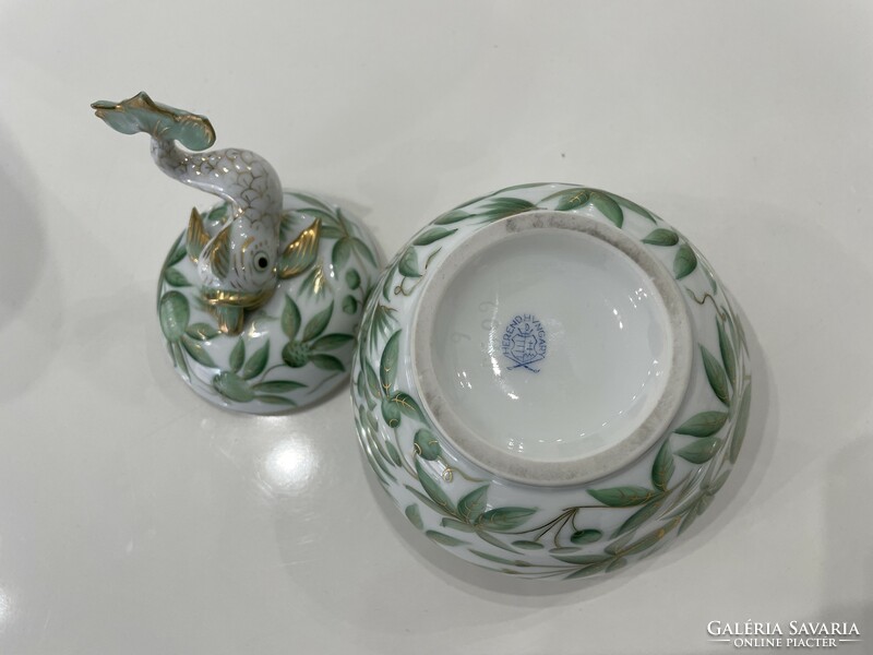 Herend zova patterned green fish bonbonier box porcelain