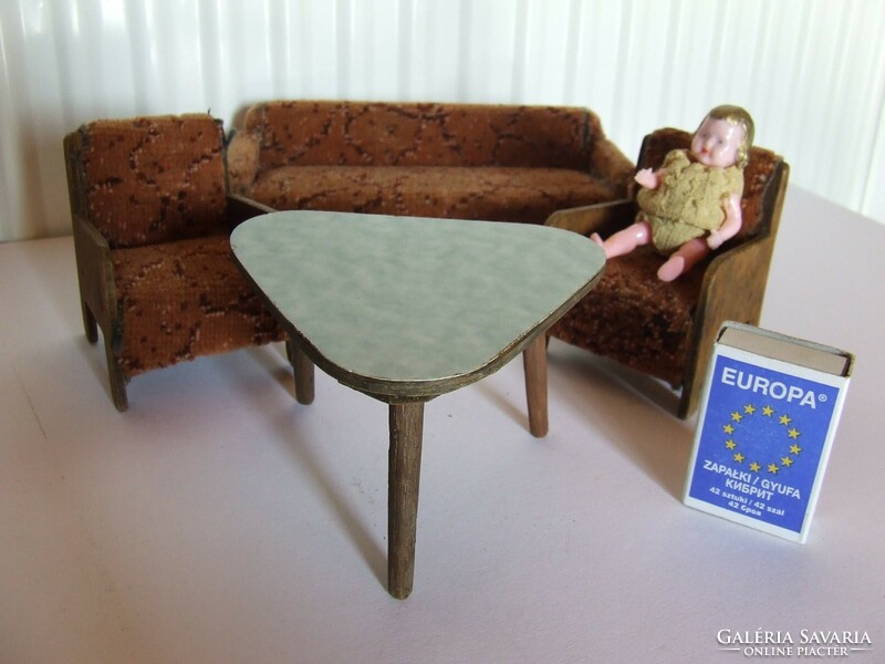 Old retro wooden doll furniture, toy doll furniture set in dollhouse size